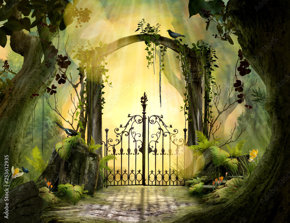 Archway in an enchanted garden Landscape with big old trees - obrazy, fototapety, plakaty 