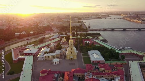 Aerial view of Petropavlovskaya krepost of Saint-Petersburg. Sunlight flare photo