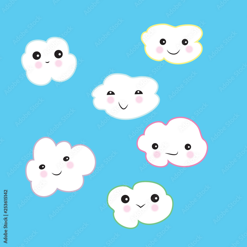 Funny white clouds with faces and smiles -kawaii Funny white clouds with faces and smiles -kawaii