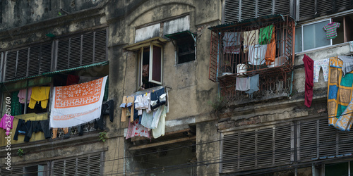 Clothes drying in front of old houses, Kolkata, West Bengal, India