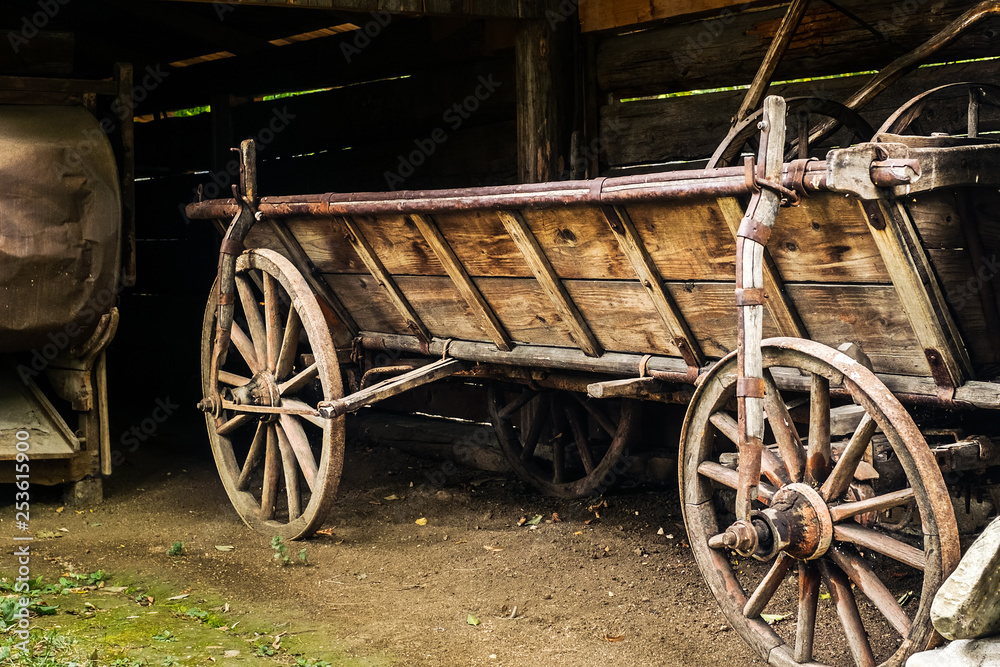 old wooden empty cart at the farm