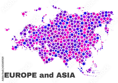 Mosaic Europe and Asia map isolated on a white background. Vector geographic abstraction in pink and violet colors. Mosaic of Europe and Asia map combined of scattered round dots.