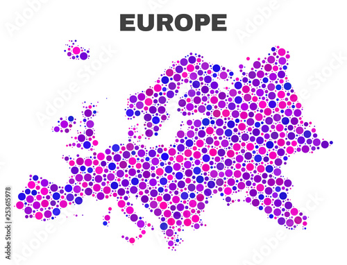Mosaic Europe map isolated on a white background. Vector geographic abstraction in pink and violet colors. Mosaic of Europe map combined of random spheric dots.
