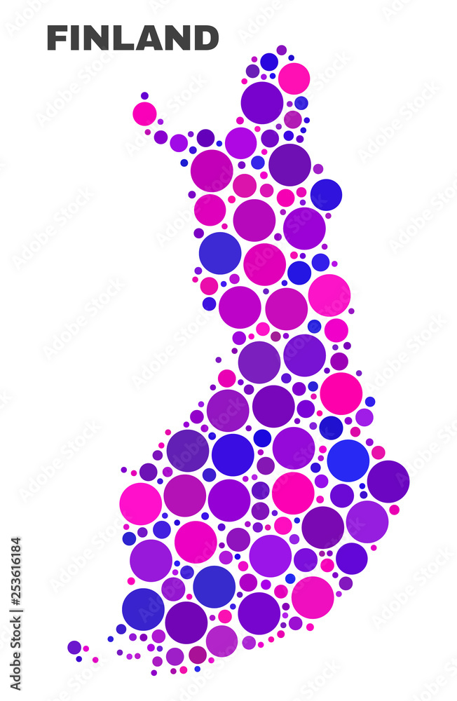 Mosaic Finland map isolated on a white background. Vector geographic abstraction in pink and violet colors. Mosaic of Finland map combined of scattered circle points.