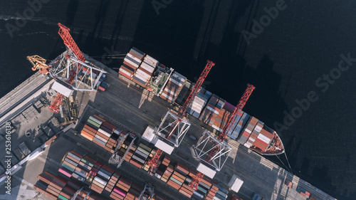Container cargo ship in import export business logistic, Freight transportation, Aerial view.