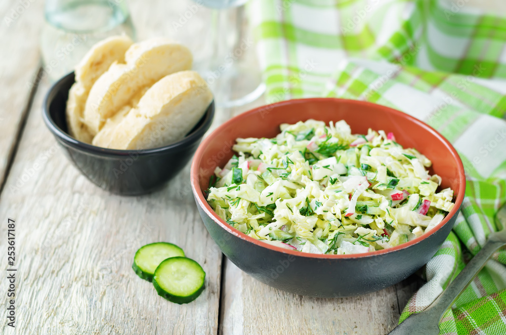 Cabbage radish cucumber dill salad with greek yogurt dressing