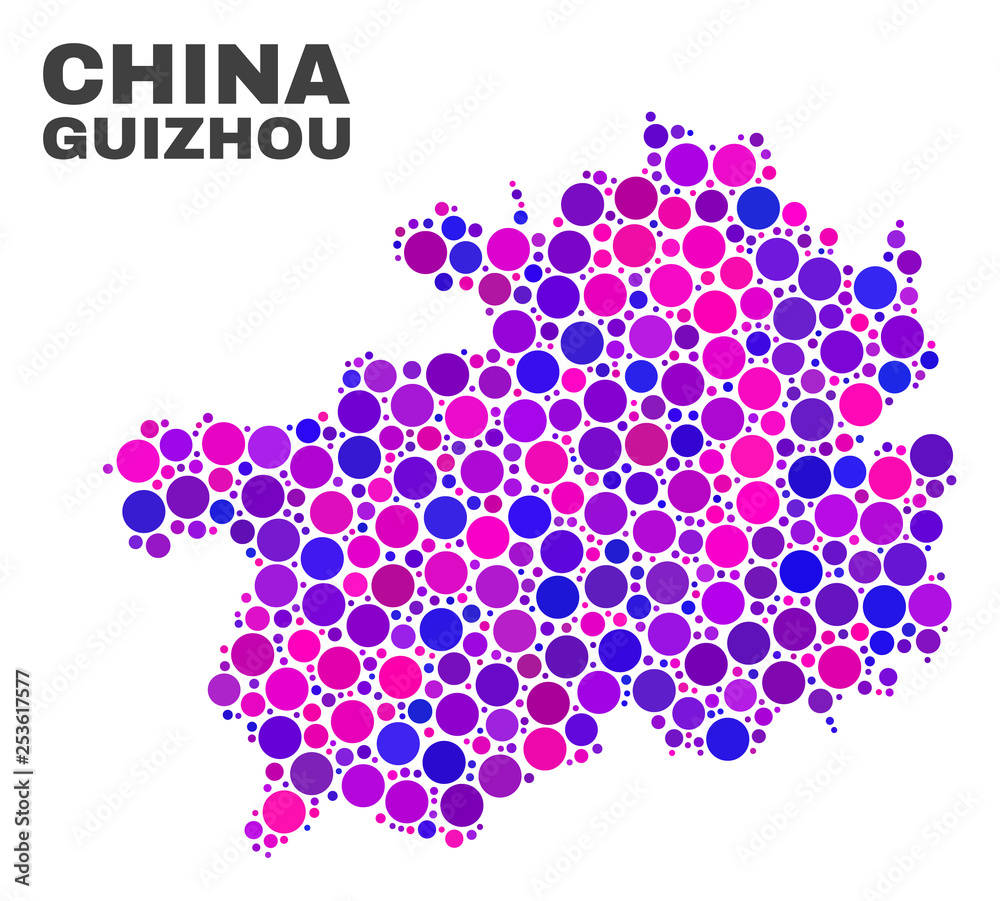 Mosaic Guizhou Province map isolated on a white background. Vector geographic abstraction in pink and violet colors. Mosaic of Guizhou Province map combined of random spheric dots. Mosaic Guizhou Province map isolated on a white background. Vector geographic abstraction in pink and violet colors. Mosaic of Guizhou Province map combined of random spheric dots.