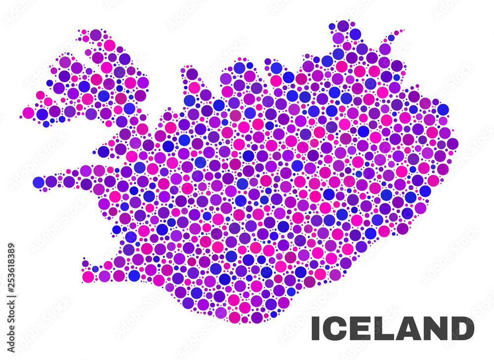 Mosaic Iceland map isolated on a white background. Vector geographic abstraction in pink and violet colors. Mosaic of Iceland map combined of random spheric points. Mosaic Iceland map isolated on a white background. Vector geographic abstraction in pink and violet colors. Mosaic of Iceland map combined of random spheric points.