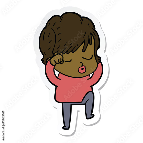 sticker of a cartoon woman with eyes shut