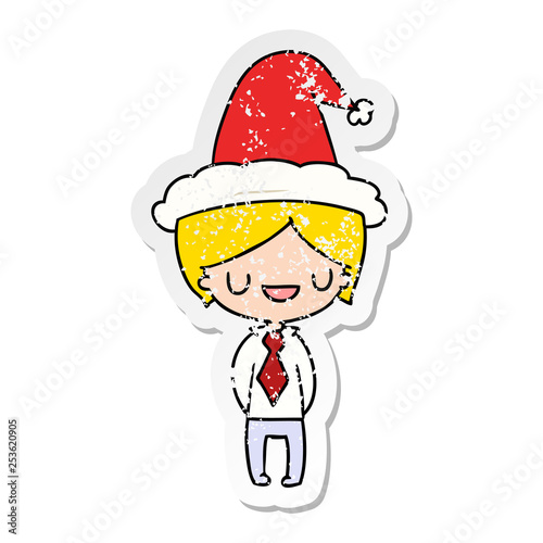 christmas distressed sticker cartoon of kawaii boy