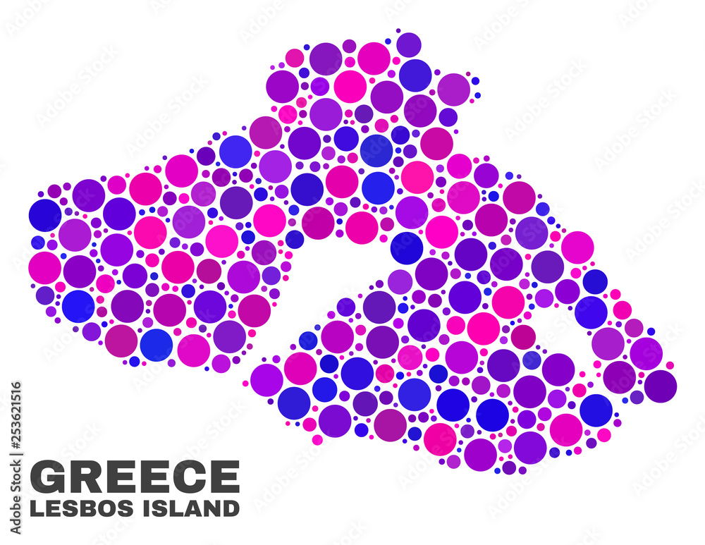Mosaic Lesbos Island map isolated on a white background. Vector geographic abstraction in pink and violet colors. Mosaic of Lesbos Island map combined of random spheric dots. Mosaic Lesbos Island map isolated on a white background. Vector geographic abstraction in pink and violet colors. Mosaic of Lesbos Island map combined of random spheric dots.
