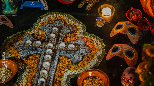 Flower and skeleton alter at Dia de los Muertos, Day of the Dead
