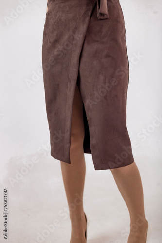 cropped photo, woman in long brown skirt, minimalism and conciseness, office style