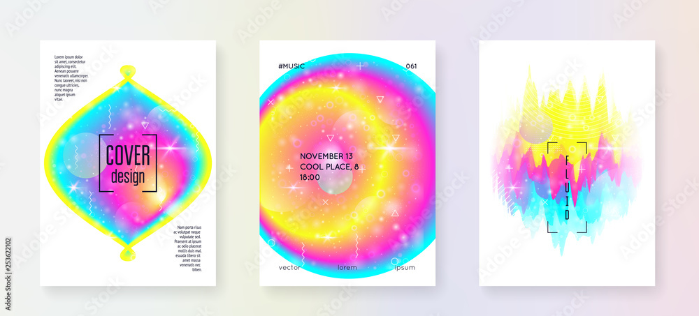 Summer music. Abstract presentation layout set for disco party. Fluid holographic gradient shape and line. Electronic sound. Night dance holiday. Summer music fest poster and flyer.