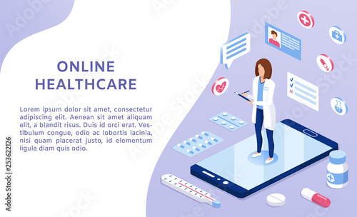 Online medicine healthcare isometric illustration. Web design vector template. Female doctor on smartphone with medication, symbols and documents. 