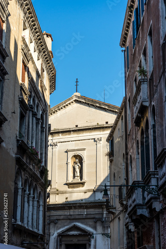 Italy, Venice, Venice, LOW ANGLE VIEW OF OLD BUILDING AGAINST CLEAR BLUE SKY © SkandaRamana