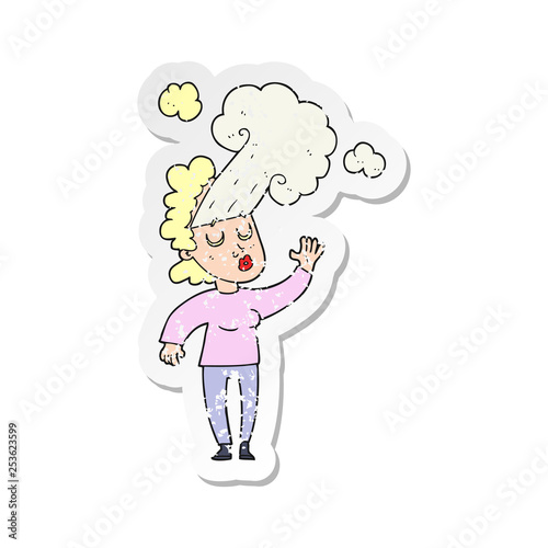 retro distressed sticker of a cartoon woman letting off steam