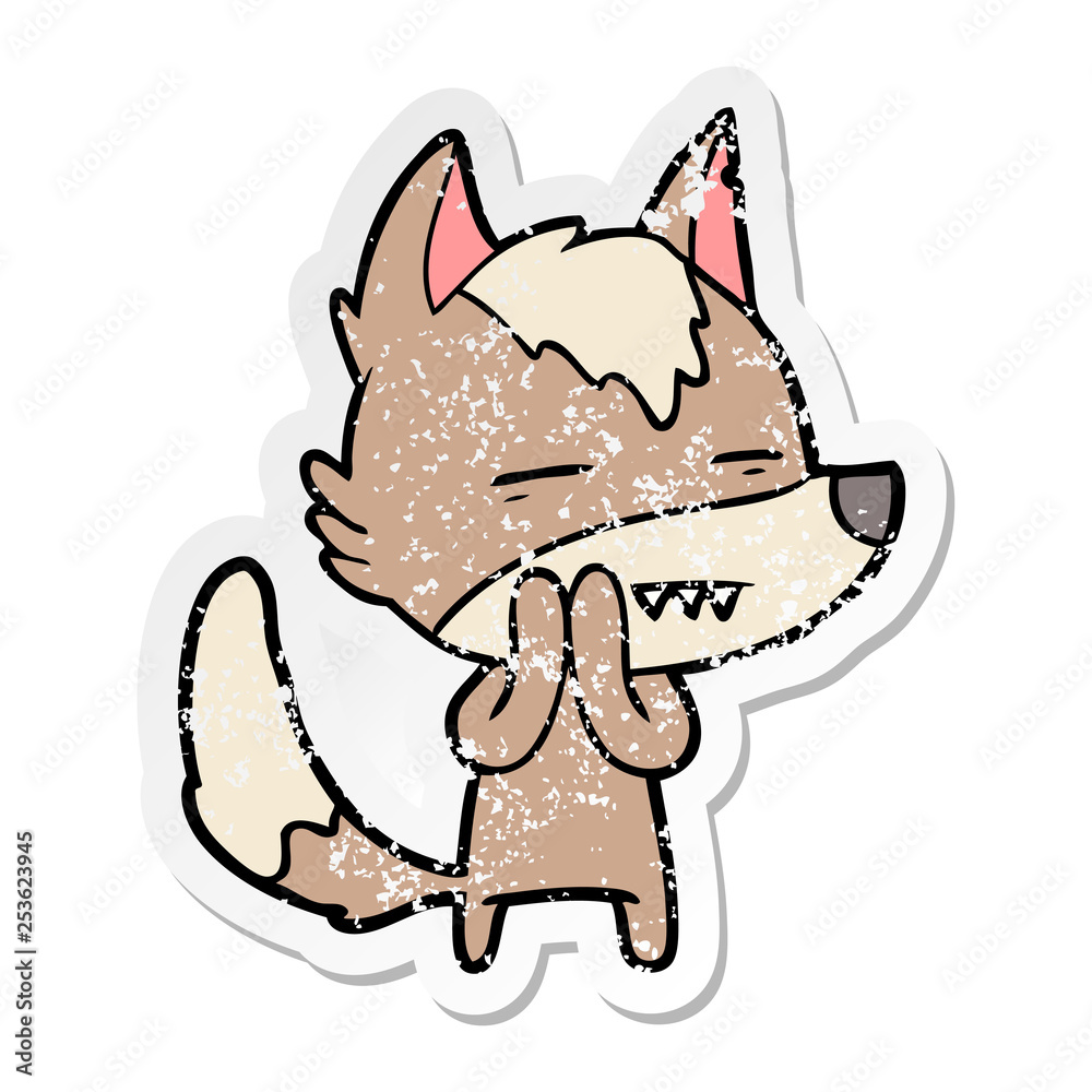 distressed sticker of a cartoon wolf showing teeth distressed sticker of a cartoon wolf showing teeth