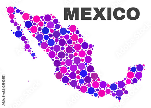 Mosaic Mexico map isolated on a white background. Vector geographic abstraction in pink and violet colors. Mosaic of Mexico map combined of scattered circle points.