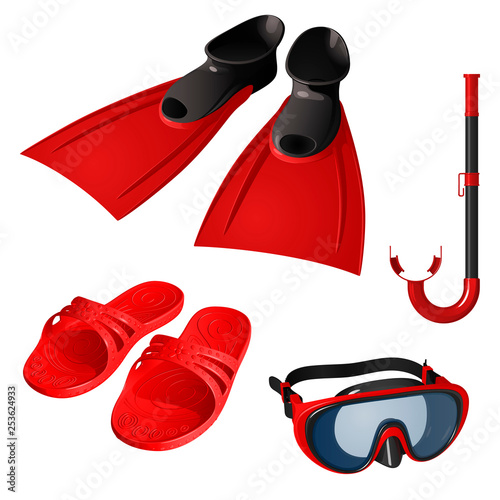  A set of items for swimming, red. Mask, breathing tube, flippers and rubber slippers isolated on a white background.