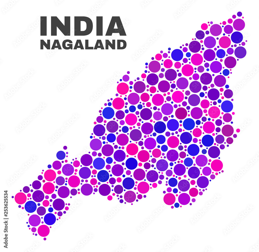 Mosaic Nagaland State map isolated on a white background. Vector geographic abstraction in pink and violet colors. Mosaic of Nagaland State map combined of scattered circle elements.