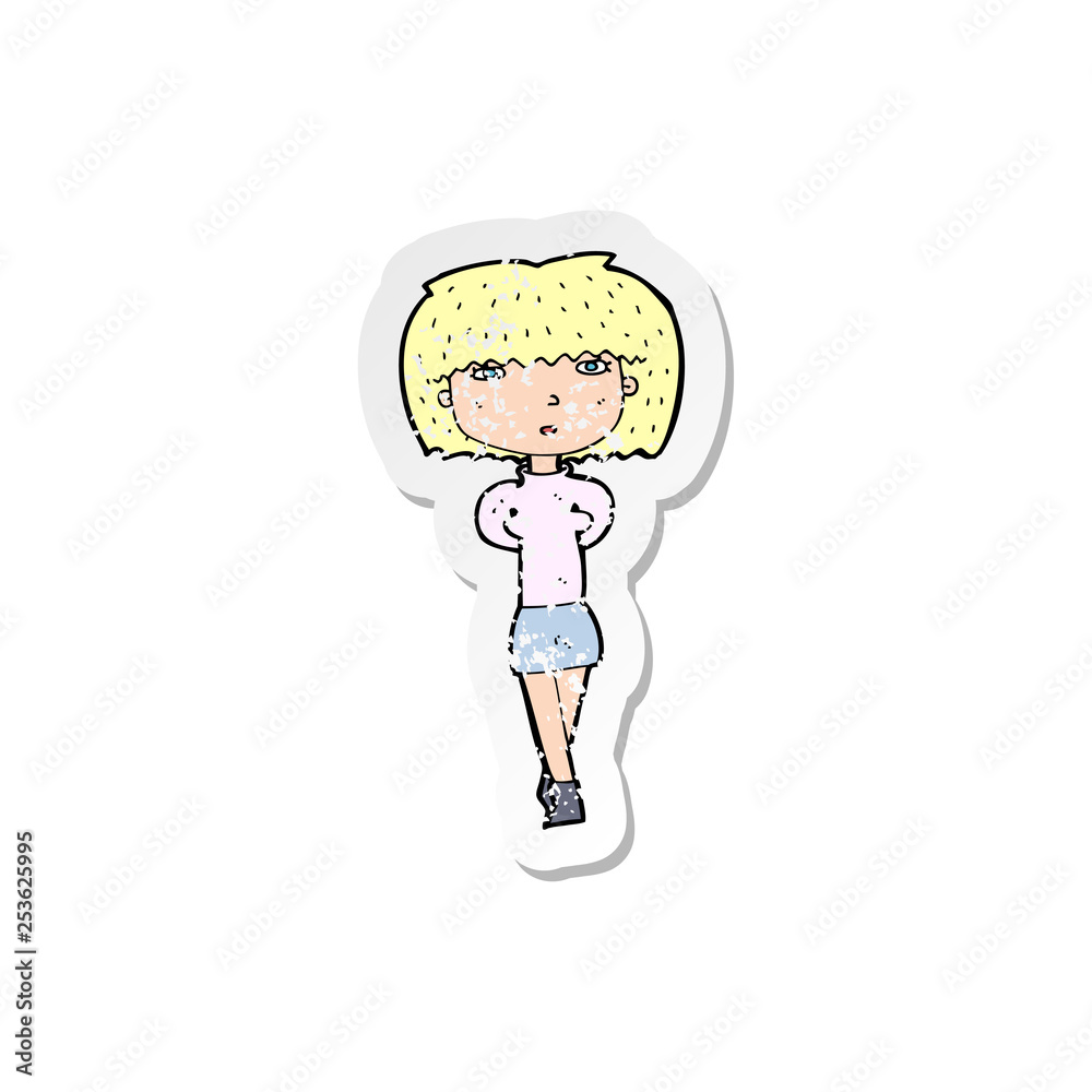 retro distressed sticker of a cartoon shy woman retro distressed sticker of a cartoon shy woman