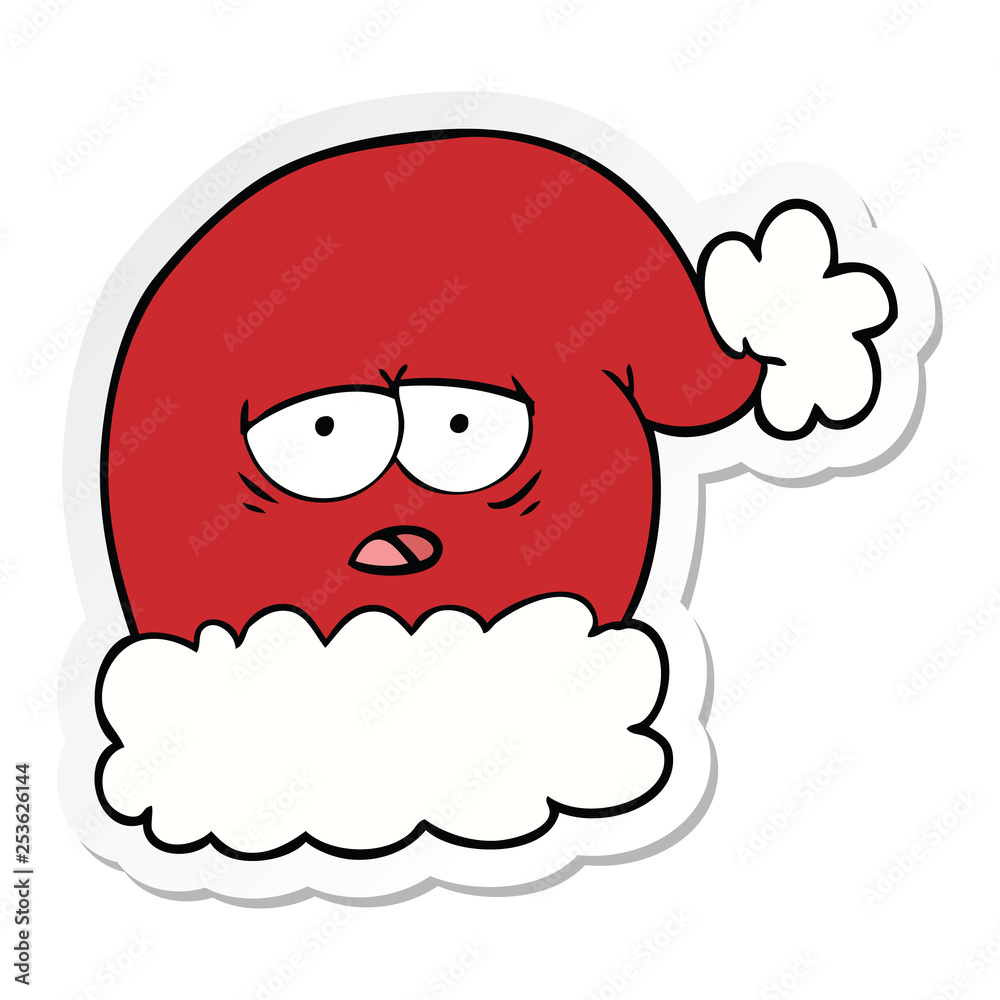 sticker of a cartoon christmas santa hat with tired face