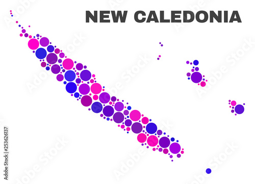 Mosaic New Caledonia Islands map isolated on a white background. Vector geographic abstraction in pink and violet colors. Mosaic of New Caledonia Islands map combined of random round dots.