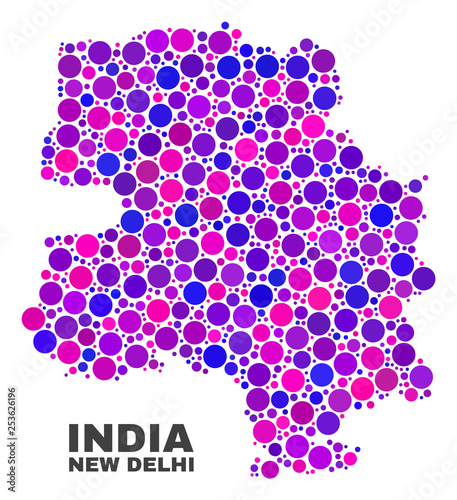 Mosaic New Delhi City map isolated on a white background. Vector geographic abstraction in pink and violet colors. Mosaic of New Delhi City map combined of random circle elements.