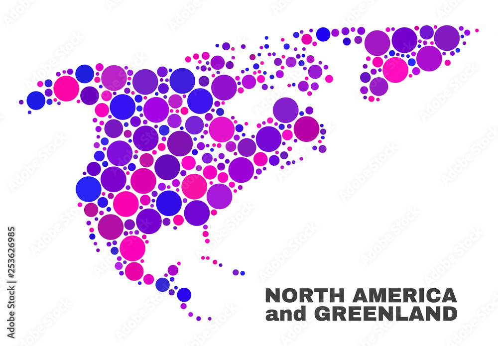 Mosaic North America and Greenland map isolated on a white background. Vector geographic abstraction in pink and violet colors. Mosaic North America and Greenland map isolated on a white background. Vector geographic abstraction in pink and violet colors.