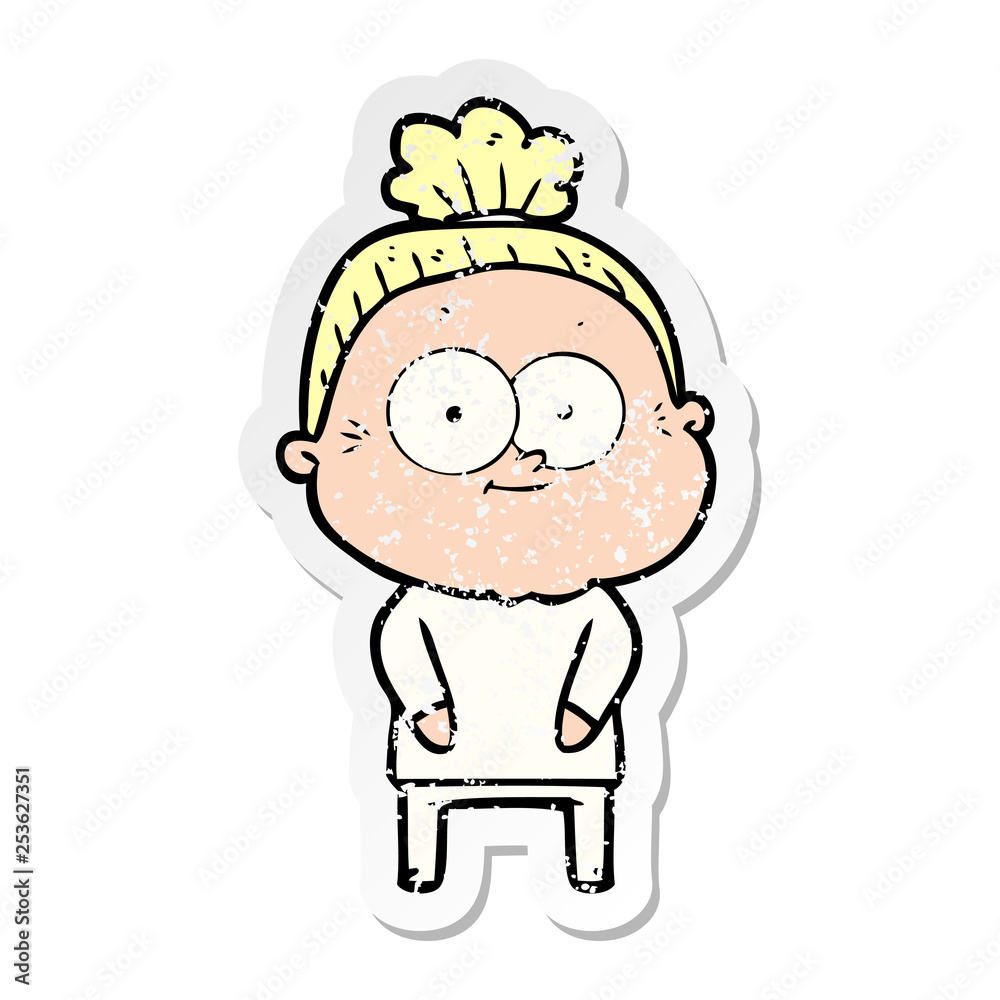 distressed sticker of a cartoon happy old woman distressed sticker of a cartoon happy old woman