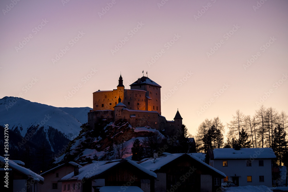 Castle in the Swiss Alps. Sunset