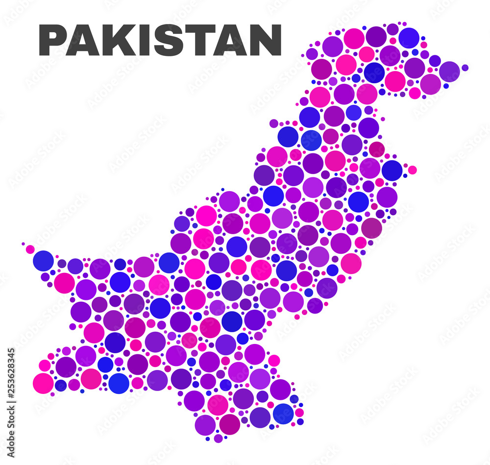 Mosaic Pakistan map isolated on a white background. Vector geographic abstraction in pink and violet colors. Mosaic of Pakistan map combined of scattered spheric dots.