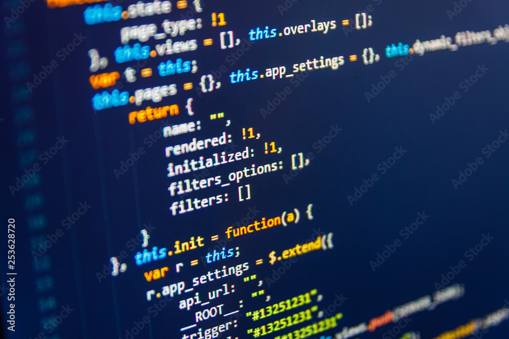 Source PC website developer. Real software development code. JavaScript  code in text editor. Computer interface. Abstract technology background.  Java Software engineer concept. Photos | Adobe Stock