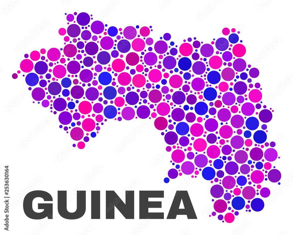 Mosaic Republic of Guinea map isolated on a white background. Vector geographic abstraction in pink and violet colors. Mosaic of Republic of Guinea map combined of random round points. Mosaic Republic of Guinea map isolated on a white background. Vector geographic abstraction in pink and violet colors. Mosaic of Republic of Guinea map combined of random round points.