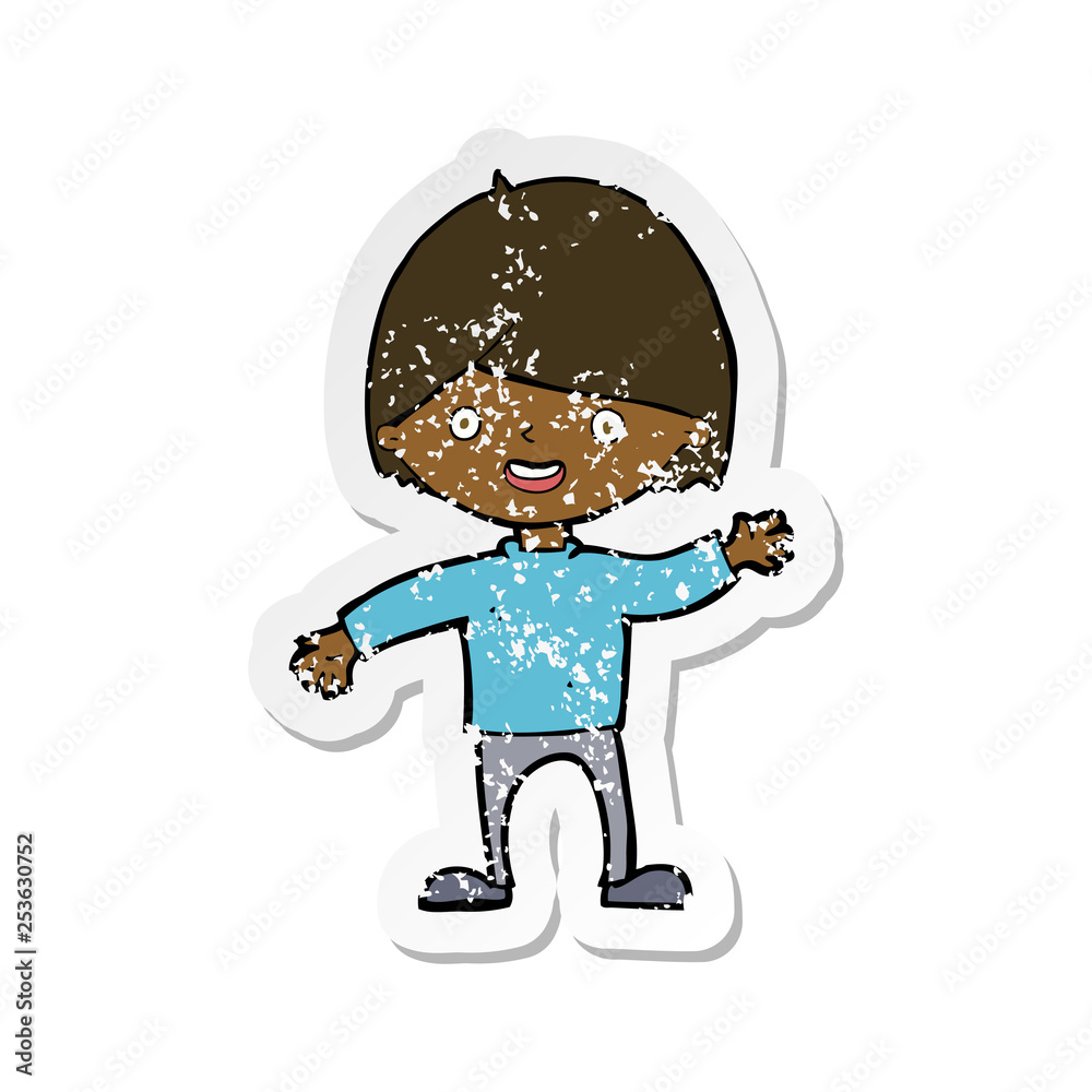 retro distressed sticker of a cartoon waving boy retro distressed sticker of a cartoon waving boy