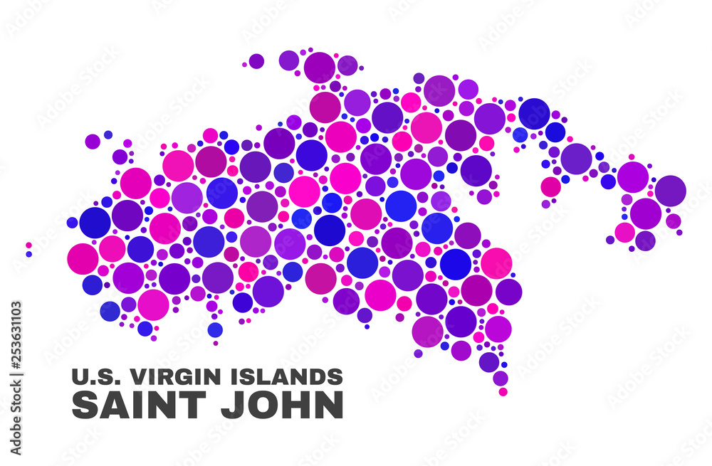 Mosaic Saint John Island map isolated on a white background. Vector geographic abstraction in pink and violet colors. Mosaic of Saint John Island map combined of random spheric points. Mosaic Saint John Island map isolated on a white background. Vector geographic abstraction in pink and violet colors. Mosaic of Saint John Island map combined of random spheric points.