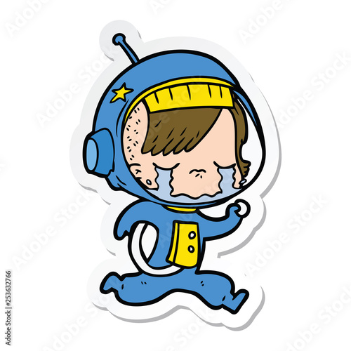 sticker of a cartoon crying astronaut girl running