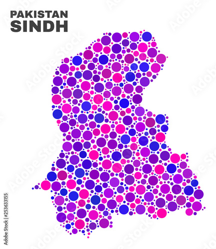 Mosaic Sindh Province map isolated on a white background. Vector geographic abstraction in pink and violet colors. Mosaic of Sindh Province map combined of scattered spheric elements.