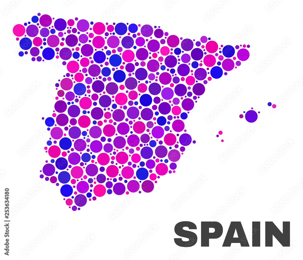 Mosaic Spain map isolated on a white background. Vector geographic abstraction in pink and violet colors. Mosaic of Spain map combined of scattered round points. Mosaic Spain map isolated on a white background. Vector geographic abstraction in pink and violet colors. Mosaic of Spain map combined of scattered round points.