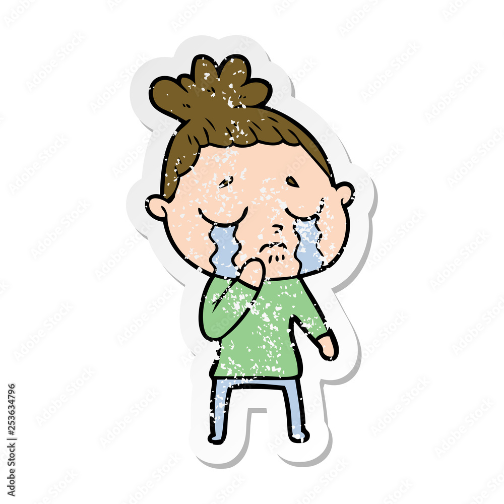distressed sticker of a cartoon crying woman distressed sticker of a cartoon crying woman