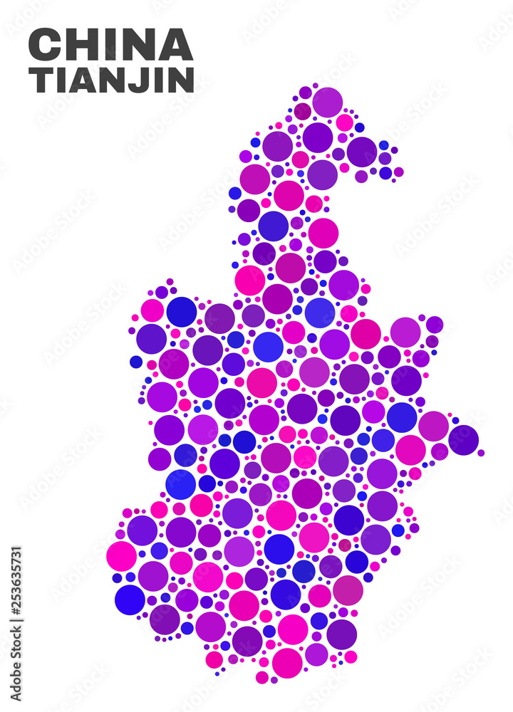 Mosaic Tianjin City map isolated on a white background. Vector geographic abstraction in pink and violet colors. Mosaic of Tianjin City map combined of scattered spheric elements. Mosaic Tianjin City map isolated on a white background. Vector geographic abstraction in pink and violet colors. Mosaic of Tianjin City map combined of scattered spheric elements.