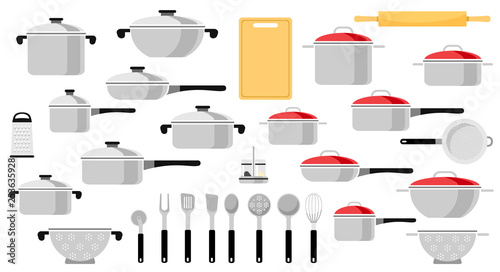 Mega set of pans and kitchen utensils. Vector illustration of a flat style.