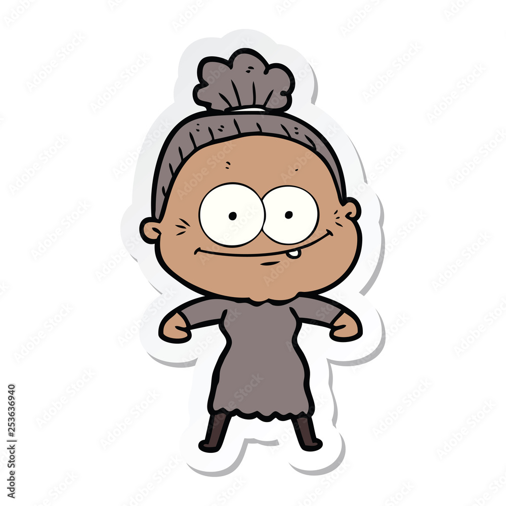 sticker of a cartoon happy old woman sticker of a cartoon happy old woman