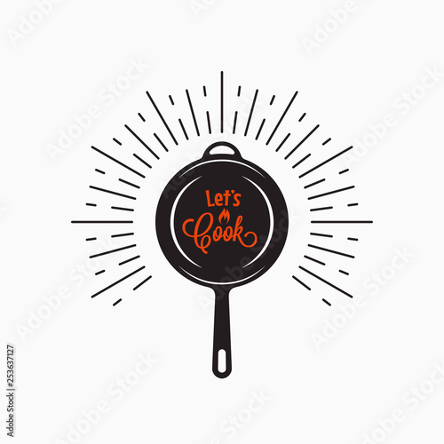 Frying pan logo. Lets cook lettering on white