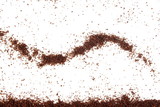 dark roasted coffee beans and ground coffee powder closeup on white background top view
