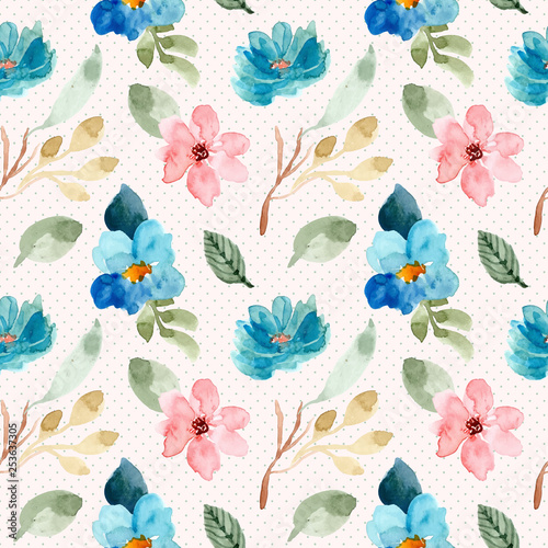 blue pink floral watercolor and dot seamless pattern