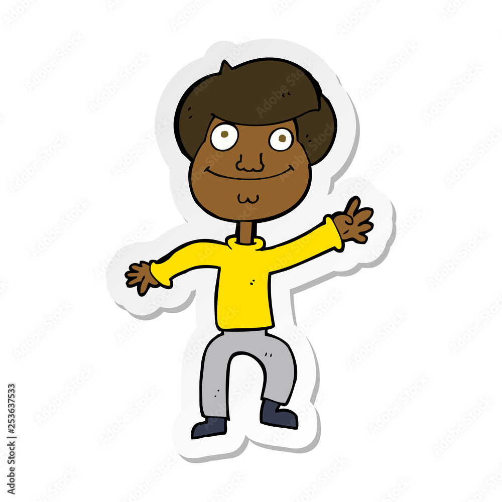 sticker of a cartoon happy man waving