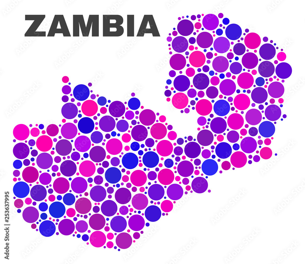 Mosaic Zambia map isolated on a white background. Vector geographic abstraction in pink and violet colors. Mosaic of Zambia map combined of scattered round elements. Mosaic Zambia map isolated on a white background. Vector geographic abstraction in pink and violet colors. Mosaic of Zambia map combined of scattered round elements.