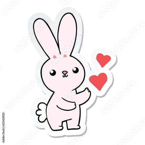 sticker of a cute cartoon rabbit with love hearts